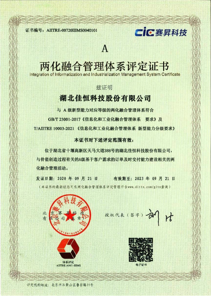 兩(liǎng)化融合(he)管理體(tǐ)系評定(dìng)證書